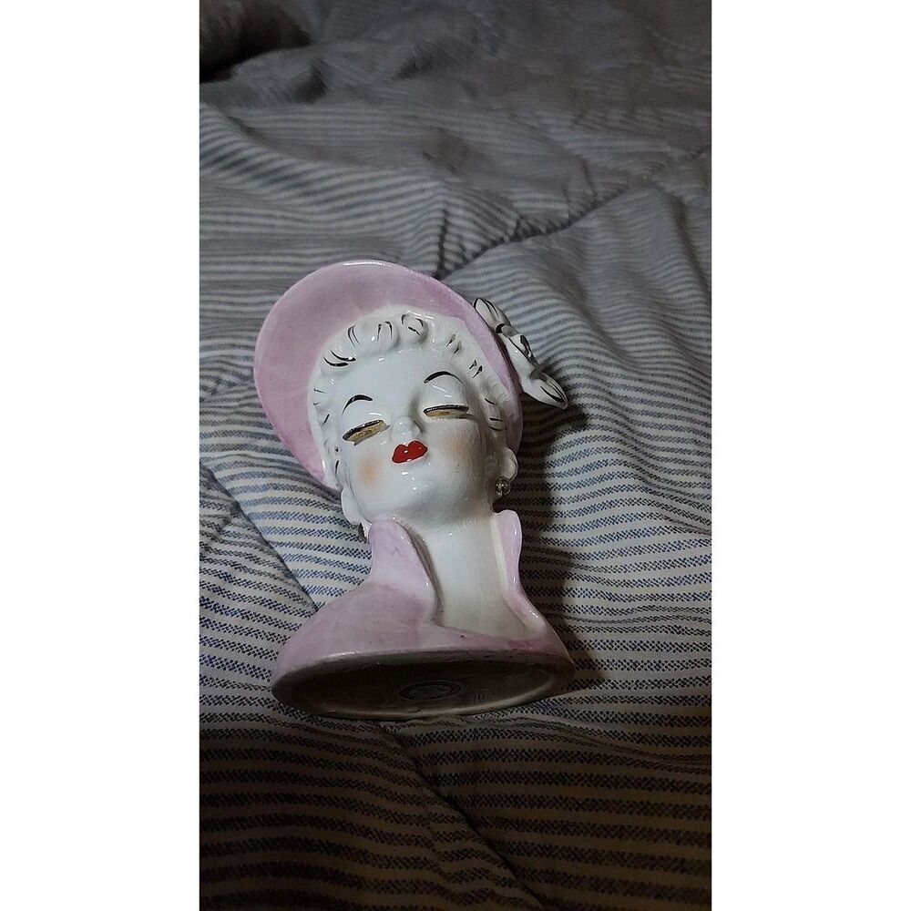 Vintage Porcelain Lady Head Vase Pink Bonnet Bow Gold Eyelids Pearl Earring Used